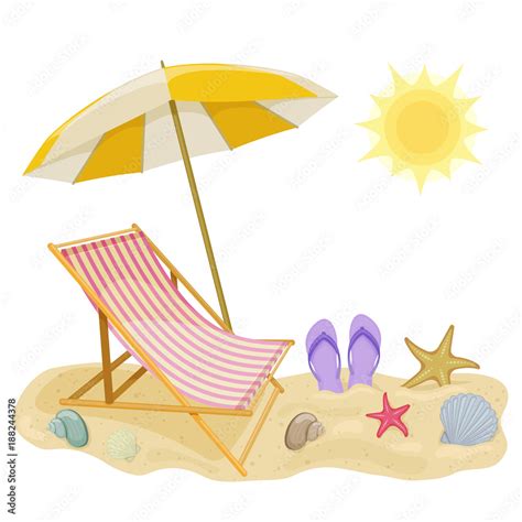 Vecteur Stock Beach Umbrella And Lounge Chair On White Background Cartoon Illustration Of Beach