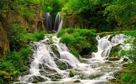 Waterfalls In Green Forest Hd Wallpaper Background Image 1920x1200