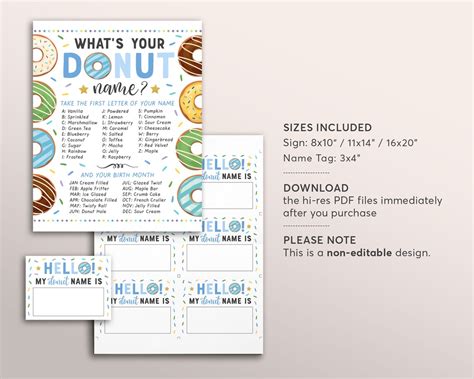 Donut Name Sign Printable Whats Your Donut Name Game Boy Etsy