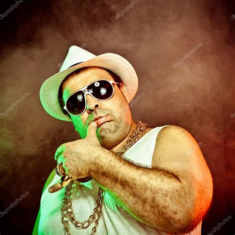 Italian Funny Mafia Boss Rapper With Undershirt And Sunglasses On Smoky