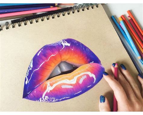 A Womans Hand Holding A Pencil Next To A Drawing Of A Colorful Lip