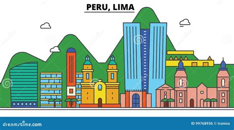 Peru Lima Flat Landmarks Vector Illustration Peru Lima Line City