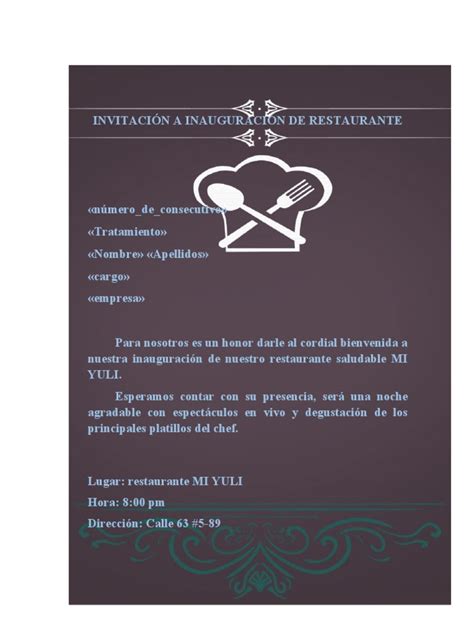 InvitaciÓn A InauguraciÓn De Restaurante Modelo Pdf