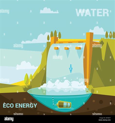 Ecological Energy Poster With Hydroelectric Power Station Cartoon Retro