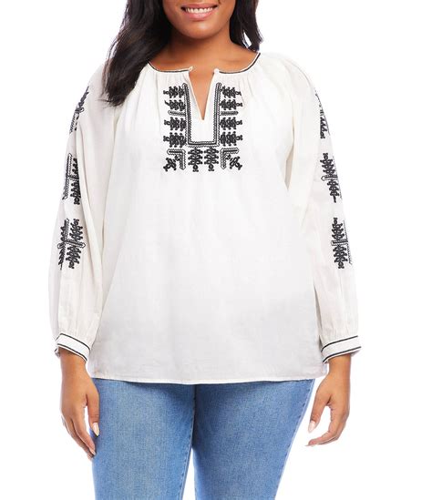 Karen Kane Plus Size Split Round Neck Embroidered Cotton Blouson Sleeve