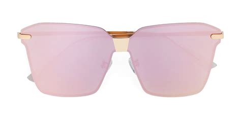 Gold Oversized Square Rimless Mirrored Polarized Sunglasses With Pink Non Rx Tac Sun Lenses J2701