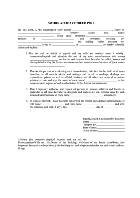 Sworn Affidavitdeed Poll Name Change For Minor Printable Pdf Download