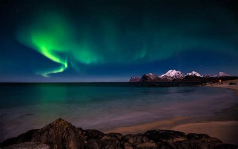 Aurora Borealis Northern Lights Green Stars Night Beach Ocean Mountains