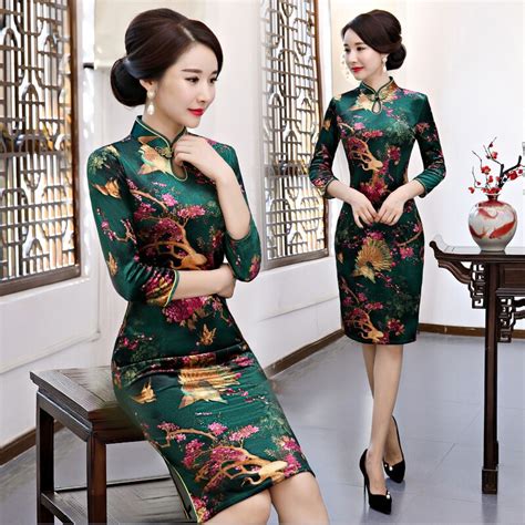 stylish ladies velour cheongsam 2018 chinese style mandarin collar knee length dress womens