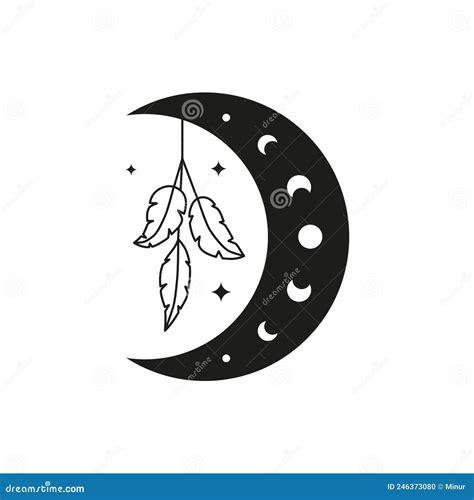 Boho Crescent With Feathers Moon Phases And Stars Stock Vector