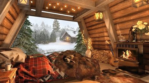 Winter Snowstorm Ambience In Cozy Cabin With Snow Falling Wind And Relaxing Fireplace For Sleep