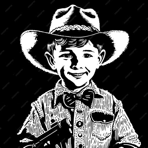 Joli Garçon Habillé En Cowboy Avec Un Revolver Dessiné à La Main Dessin