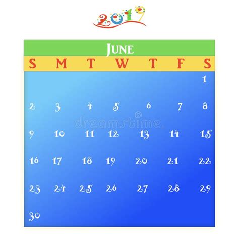 June A Monthly Calendar For Year 2019 Stock Illustration