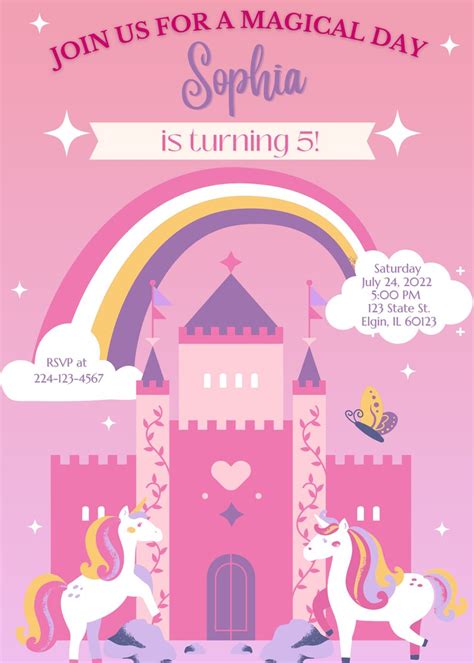 Editable Unicorn Birthday Invitation Fairy Tale Castle Birthday Party