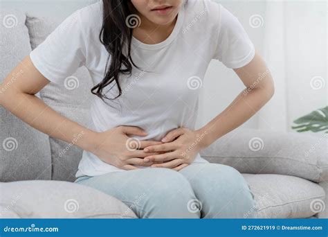 Flatulence Asian Young Woman Girl Hand In Stomach Ache Suffer From