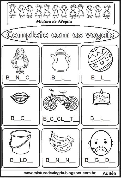 ATIVIDADES PARA COMPLETAR AS VOGAIS DESENHOS EM ORDEM ALFABÉTICA