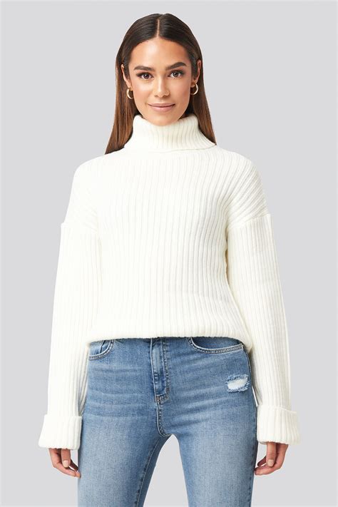 Ribbed Knitted Turtleneck Sweater White Na Kd