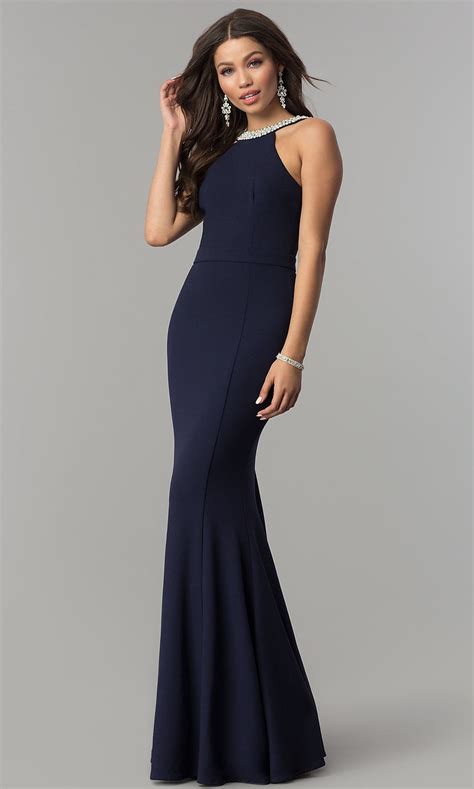 Pearl Trimmed Open Back Long Navy Prom Dress Promgirl Chic Evening