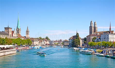 Zurich Skyline With Tower Clock Stock Photo Image Of Brochure Limmat
