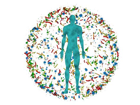 Male Bodyman Surrounded By Microbiome Cloud Of Bacteria Viruses