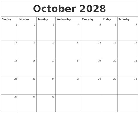 October 2028 Monthly Calendar