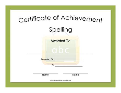 Spelling Achievement Certificate Template Green Download Printable