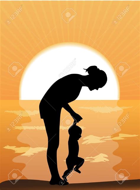 Silhouette Mother Leads The Child S Hands In The Sunset By The