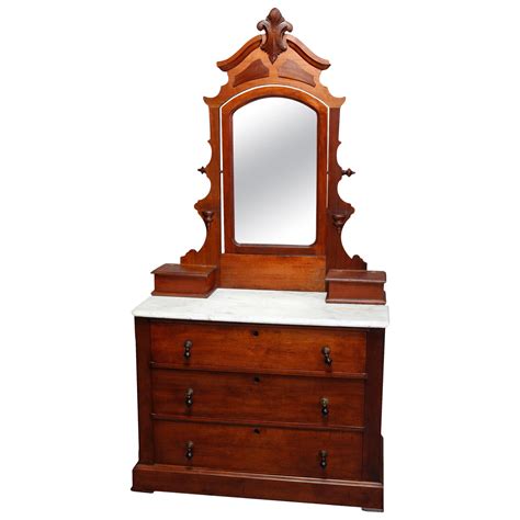 Antique Victorian Carved Walnut Marble Top Mirrored Dresser Circa 1890