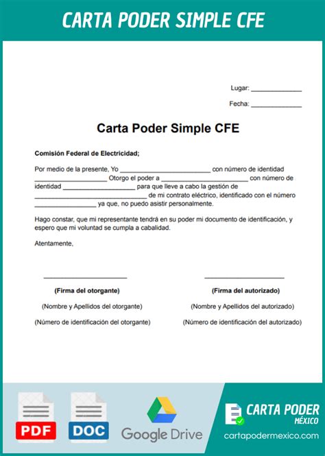 Carta Poder Simple Cfe 《 Ejemplos Y Formatos 》 ️
