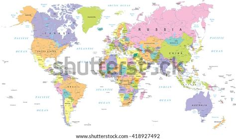 Colored World Map Borders Countries And Cities Illustrationhighly