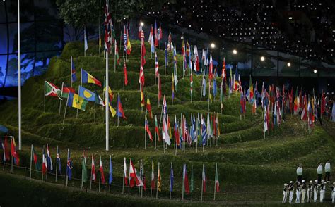 national flags are displayed during the opening ceremony of the london 2012 olympic ga