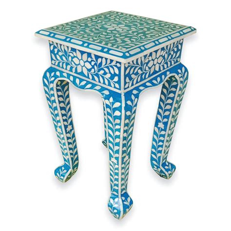 Floral Bone Inlay French Style 12 Inch Blue Accent Table End Table