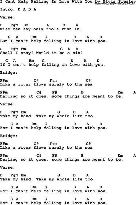 I Cant Help Falling In Love With You By Elvis Presley Lyrics And Chords