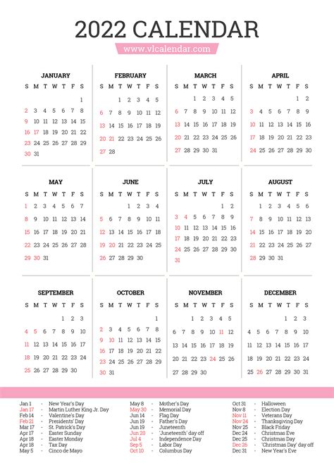 Printable 2022 Calendar Templates With Holidays Vl Calendar