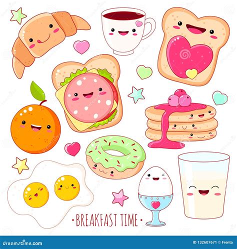 Set Of Cute Breakfast Food Icons In Kawaii Style Stock Vector