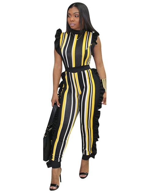 yellow sleeveless ruffle side striped jumpsuit women wt41888d