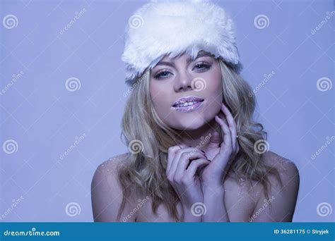 Sensual Naked Woman Wearing A White Fur Hat Stock Image Image Of Sensual Blond 36281175