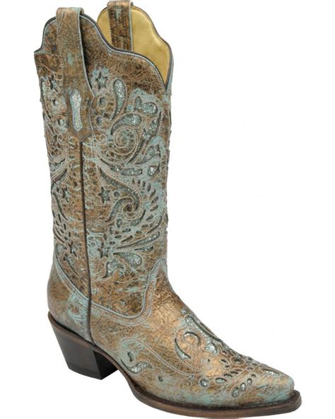 Corral Womens Turquoise Glitter Inlay Cowgirl Boots Snip Toe Country Outfitter