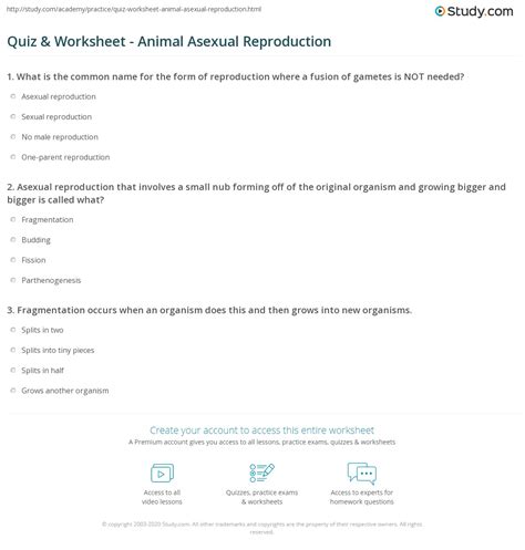 Quiz And Worksheet Animal Asexual Reproduction