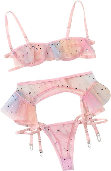 Lilosy Sexy Underwire Colorfull Kawaii Cute Sheer Galter Belt Lingerie Set Bra And
