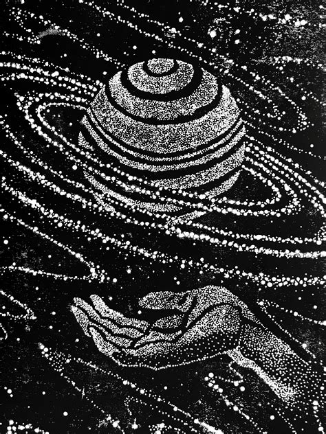 Space Saturn Starry Night Linoleum Print Printmaking Magic Linocut