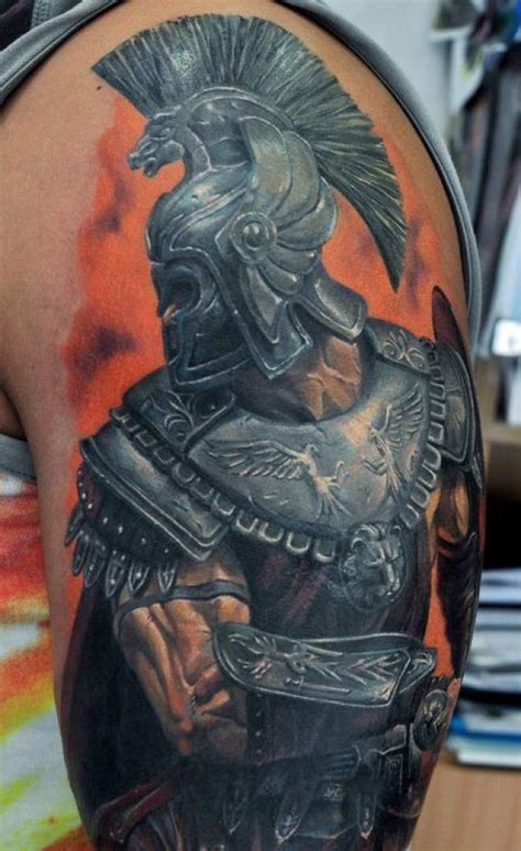 Super Realistic Gladiator Warrior Tattoo On Shoulder For Men