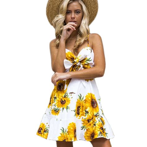 2018 Sleeveless Print Sunflower Floral Dress Bow Backless Strapless Dress Off Shoulder Sundress