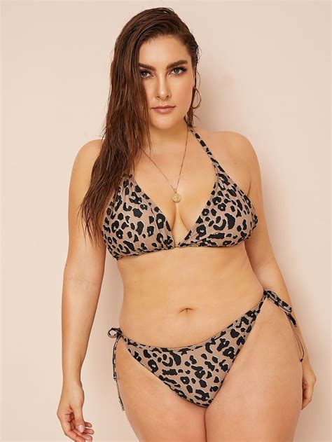 Shein Plus Leopard Triangle Top With Tie Side Bikini Bella Hadid