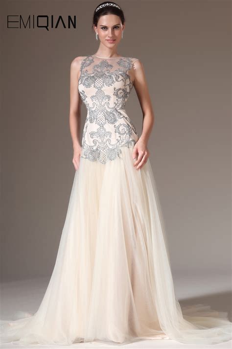 New Champagne Sheer Back Sleeveless Embroidered Lace Appliques Evening Gown