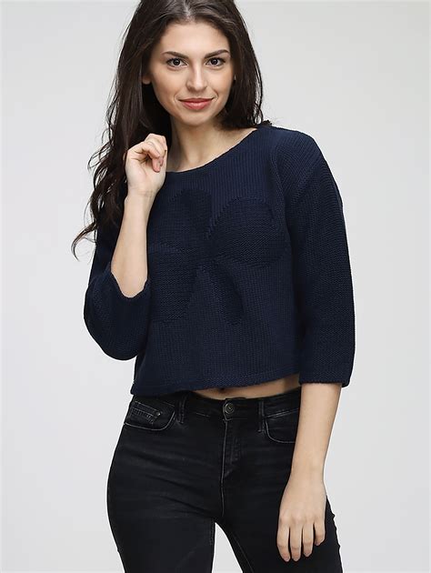 Knitted Sweater Cropped Cotton Short Black Sweater Short Sleeve 34