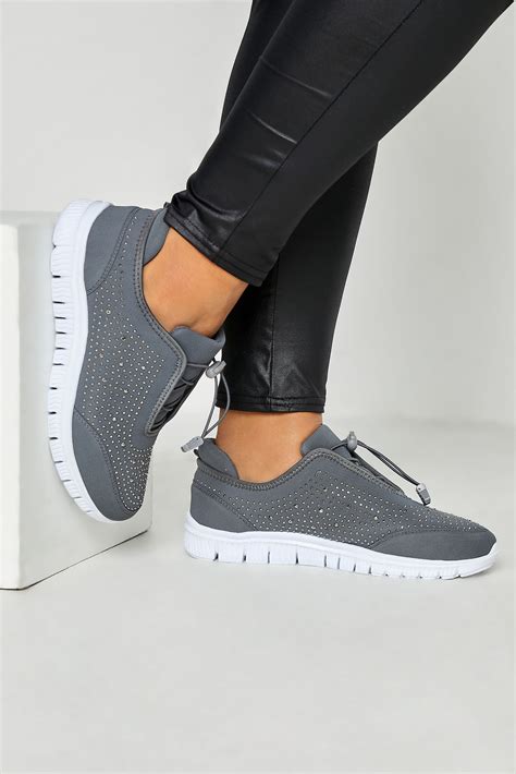 Plus Size Grey Embellished Trainers In Extra Wide Fit Yours Clothing