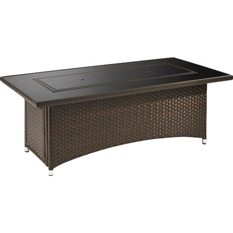 The fire pit table has a simple finish that is attractive to match any outdoor living space decor. Montego Crystal Fire Pit Coffee Table with Wicker Base ...