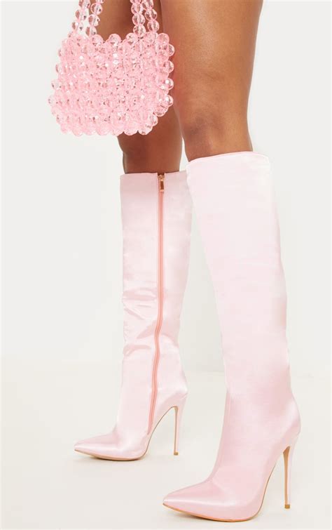 pink satin knee high point boot shoes prettylittlething ksa