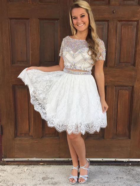 Luxurious Beaded Two Piece White Lace Short Sleeves Homecoming Dress On